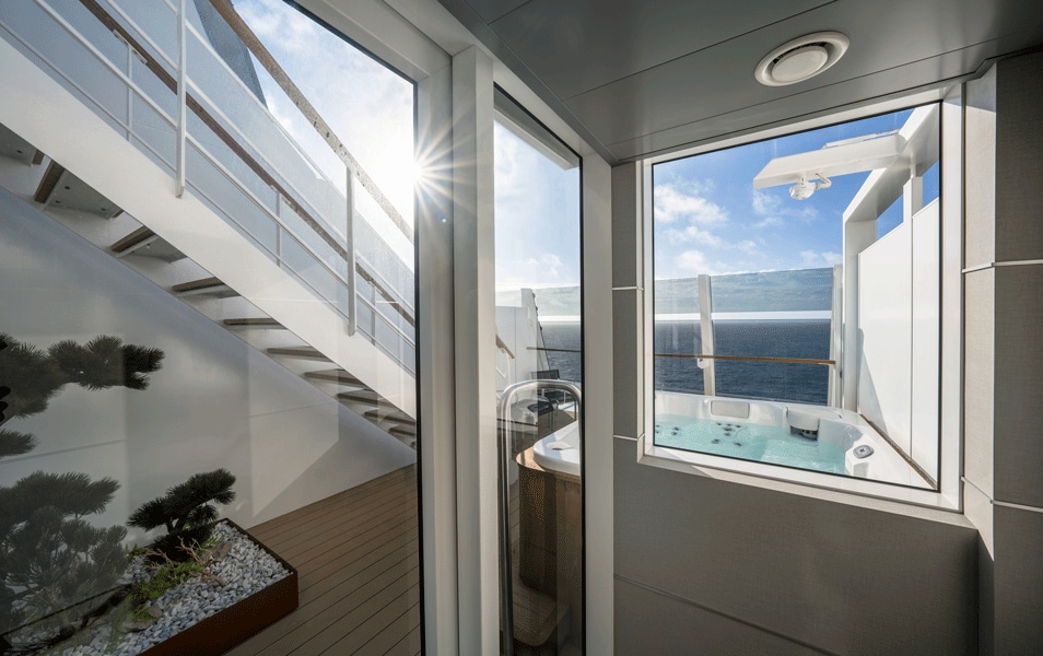 Luxury cruise suite with private balcony, jacuzzi, and ocean view | MSC Cruises Luxury cruise suite with private balcony, jacuzzi, and ocean view | MSC Cruises