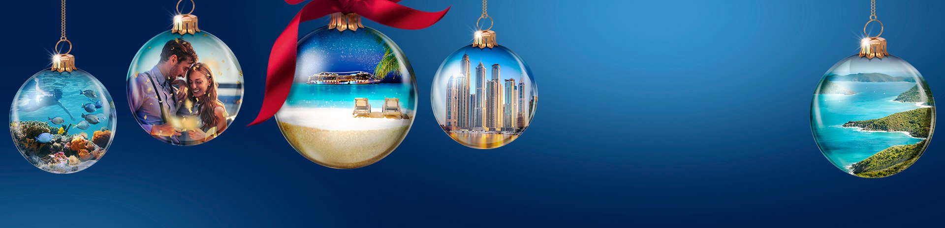 Holiday ornaments featuring tropical beaches, coral reefs, cityscapes, and island views | MSC Cruises Holiday ornaments featuring tropical beaches, coral reefs, cityscapes, and island views | MSC Cruises