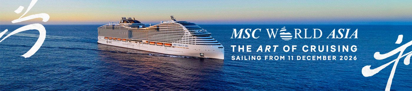 MSC World Asia cruise ship on open sea with text announcing sailing from December 2026 | MSC Cruises MSC World Asia cruise ship on open sea with text announcing sailing from December 2026 | MSC Cruises