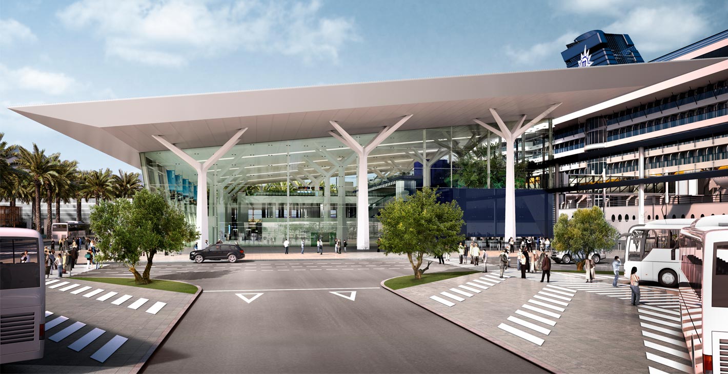 Modern cruise terminal with glass facade, surrounded by palm trees and buses, next to an MSC cruise ship | MSC Cruises