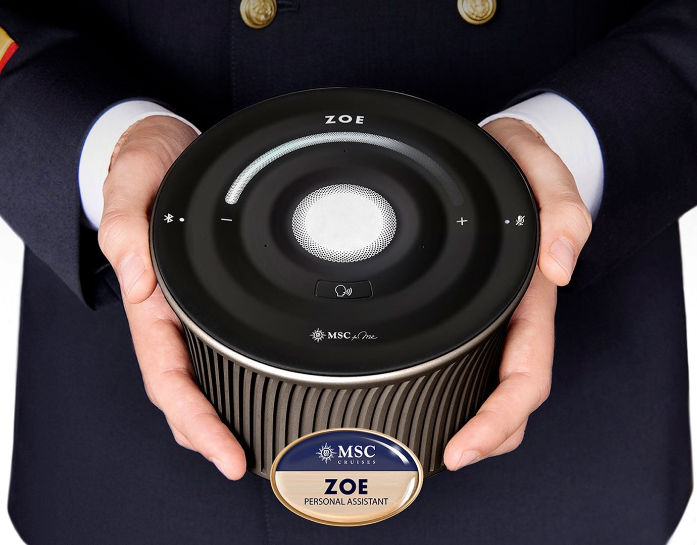 Close-up of MSC Zoe personal assistant device held by a crew member in uniform | MSC Cruises Close-up of MSC Zoe personal assistant device held by a crew member in uniform | MSC Cruises