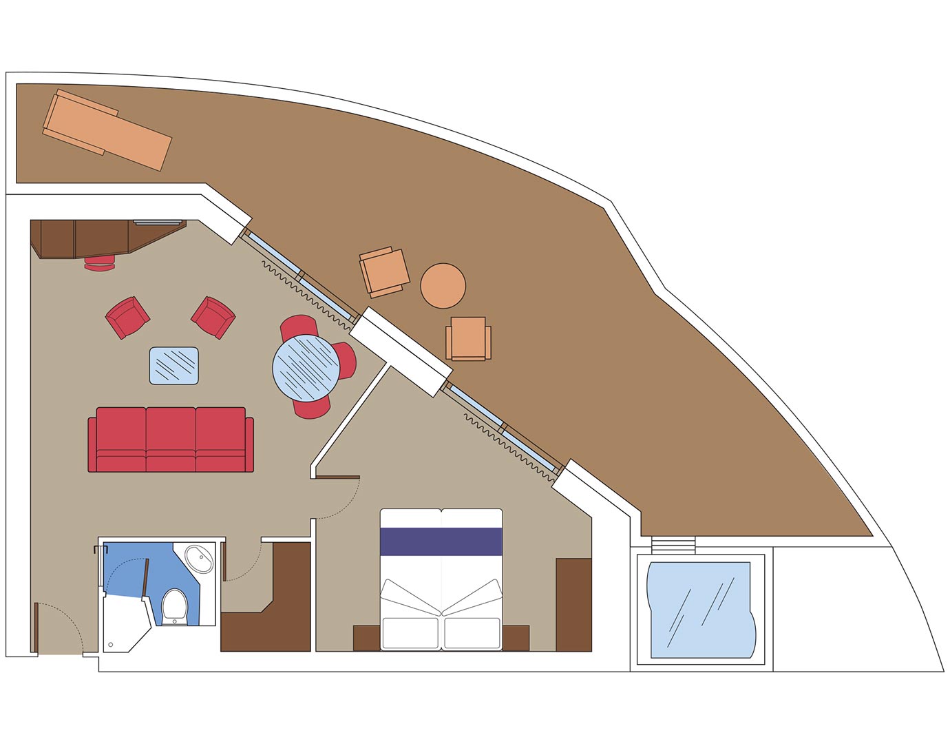 Suite floor plan with bedroom, living area, bathroom, and large private balcony | MSC Cruises