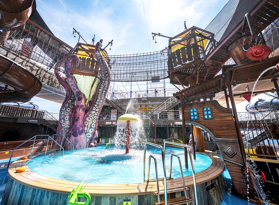 A pirate-themed water park with slides and fountains onboard an MSC cruise ship | MSC Cruises