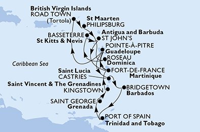 Guadeloupe, Virgin Islands (British), St. Maarten, Dominica, Saint Kitts and Nevis, Antigua and Barbuda, Martinique, Saint Lucia, Barbados, Trinidad and Tobago, Grenada, Saint Vincent & The Grenadines